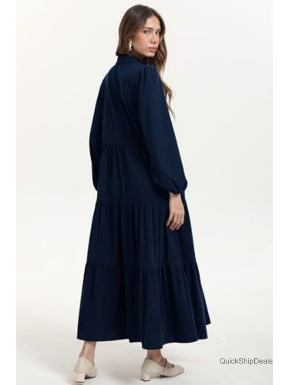 Women's Corduroy Maxi Dress Long Sleeve Button Down Tiered Flowy Fall Winter - Picture 2 of 6